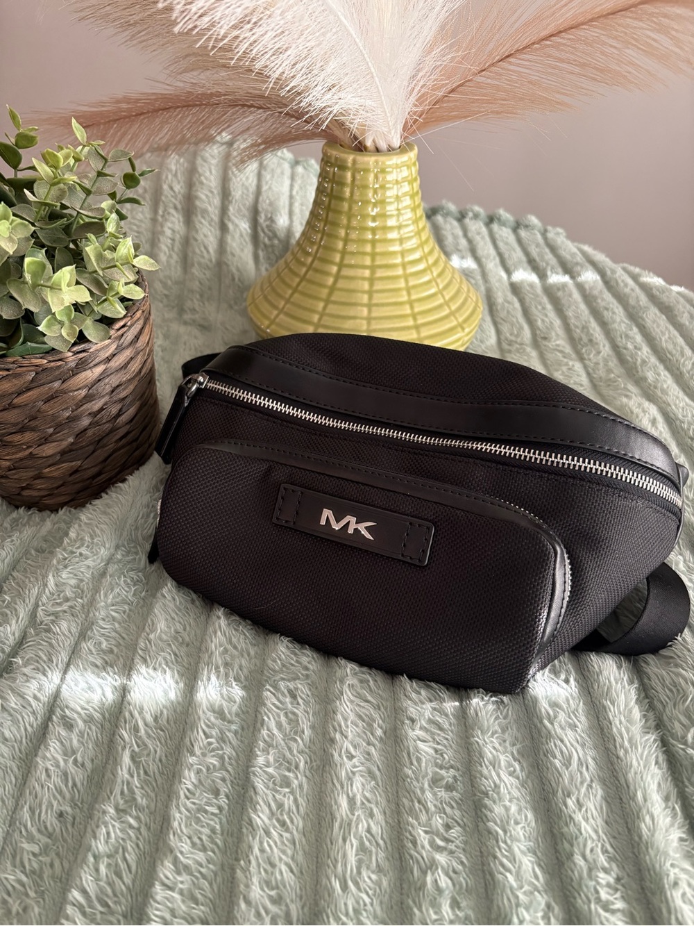 Michael Kors Black MK Logo Belt Bag with Silver Hardware